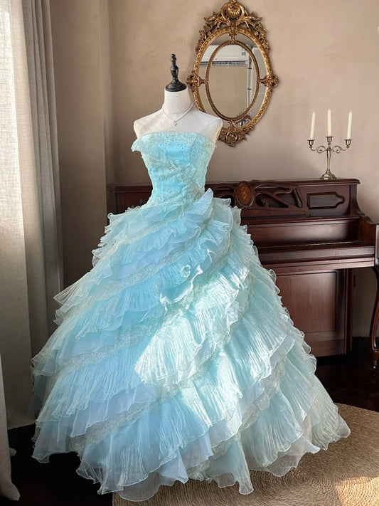 Cute Ball Gown Strapless Light Blue With Layers Tiered Sweet 16 Dresses Long 15 Vestidos De Fiesta N2268