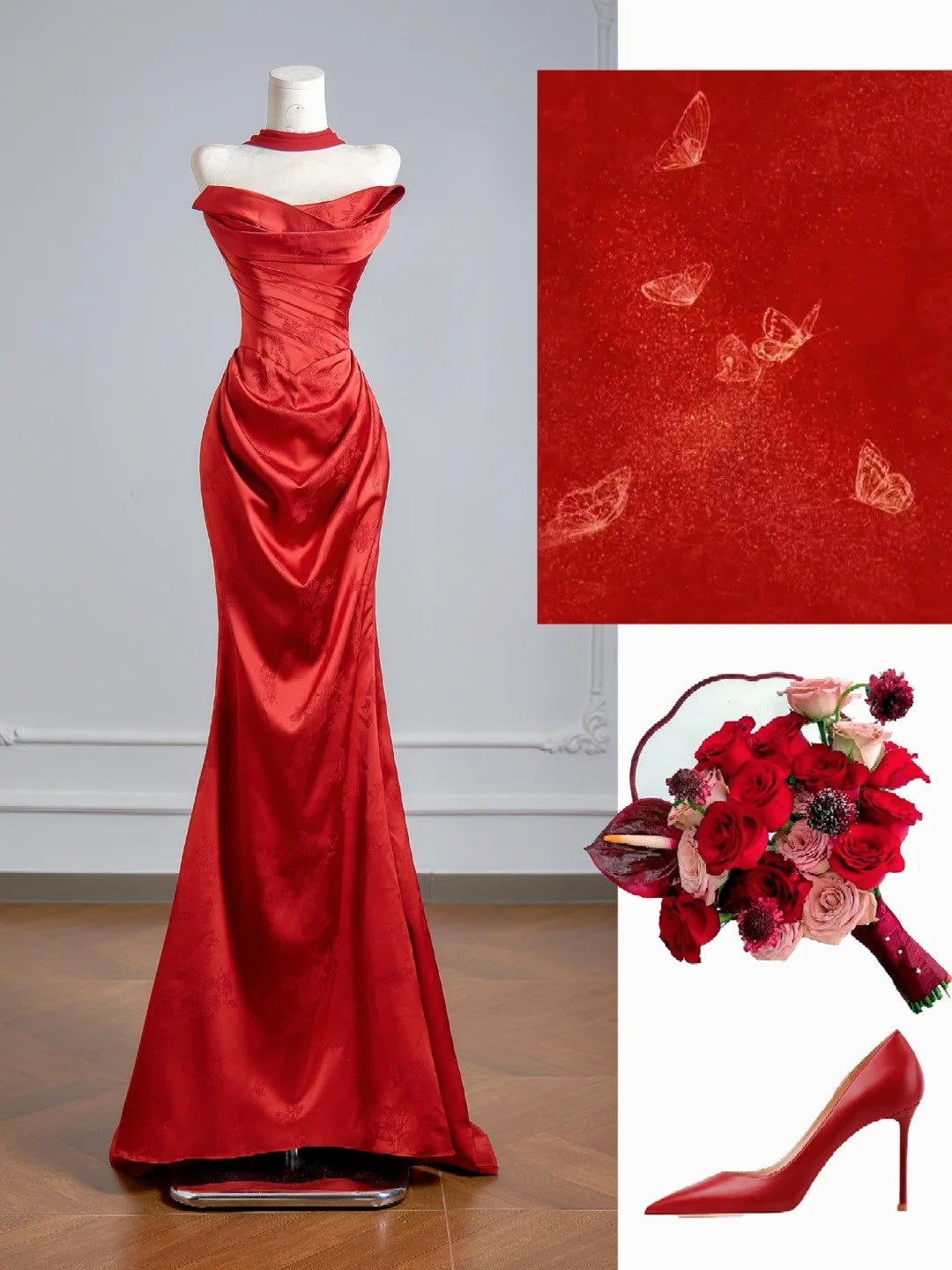 Robe de bal sirène flatteuse sans bretelles en satin rouge avec foulard, robe de soirée longue, robe de fête d'anniversaire formelle N383