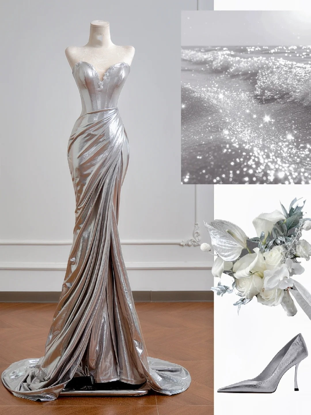 Robe de bal sirène brillante à sequins argentés en forme de cœur, longue robe de soirée formelle avec fente haute, robe de fête N345