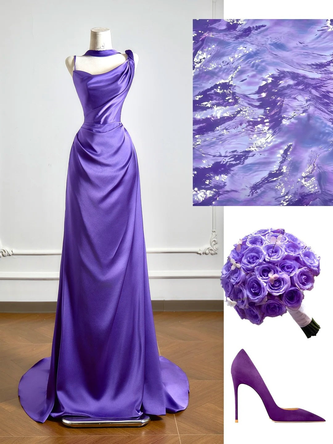 Robe de bal longue de soirée en satin raisin, coupe sirène simple, col asymétrique, avec foulard intégré, référence N346