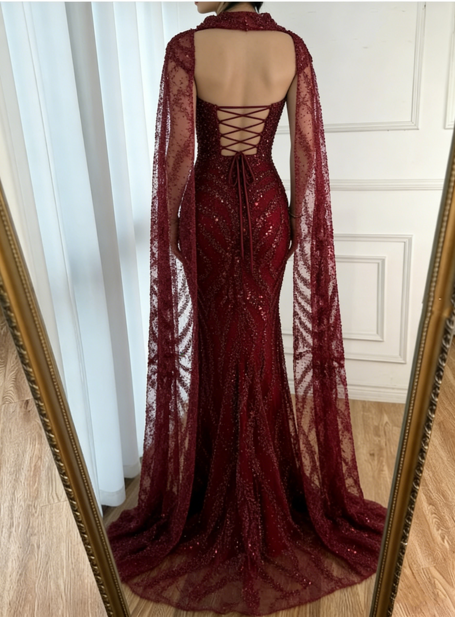 Robe de soirée longue élégante bordeaux, bustier sirène, ornée de sequins et d'une écharpe - AB2060