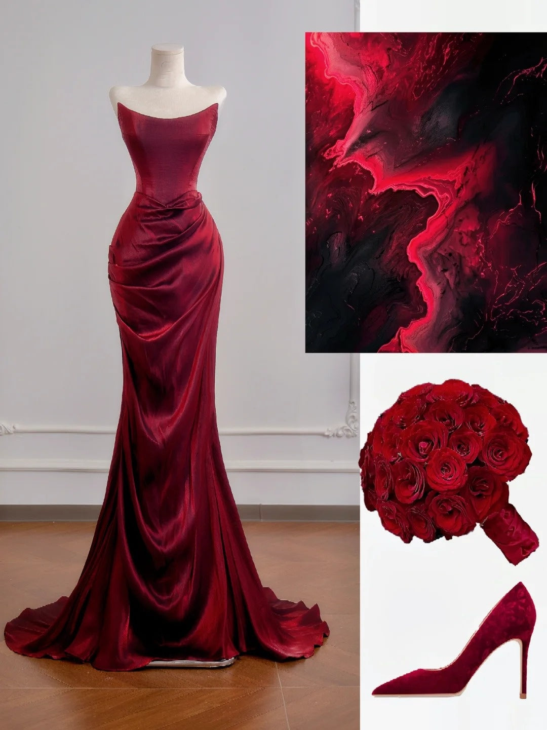 Robe de bal longue bordeaux sirène bustier à volants, idéale pour un 18e anniversaire (N396)