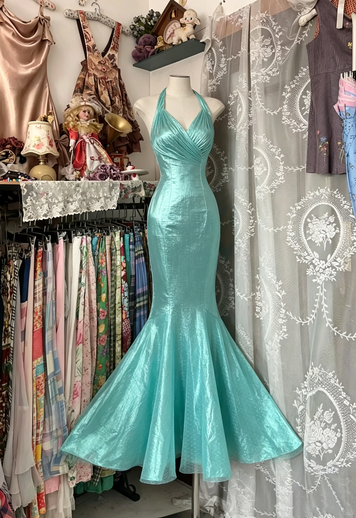 Mermaid Prom Dress Tulle Modest Halter Floor Length Formal Party Gown RB9792