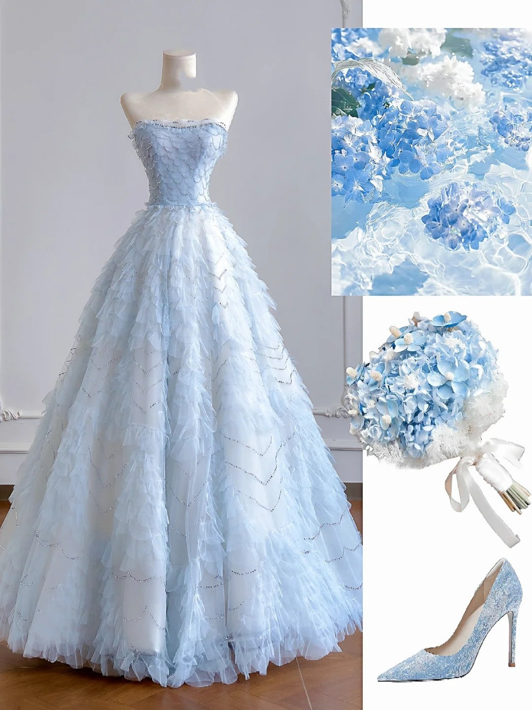 Robe de bal intemporelle bustier en tulle bleu ciel clair, longue robe de soirée, inspiration robe de soirée N375