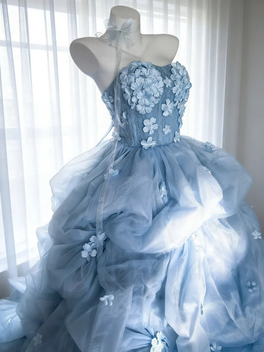 Bescheidene Ballkleider für den Abschlussball, trägerlos, blau, Tüll mit Blumen, langes Quinceañera-Kleid N3048