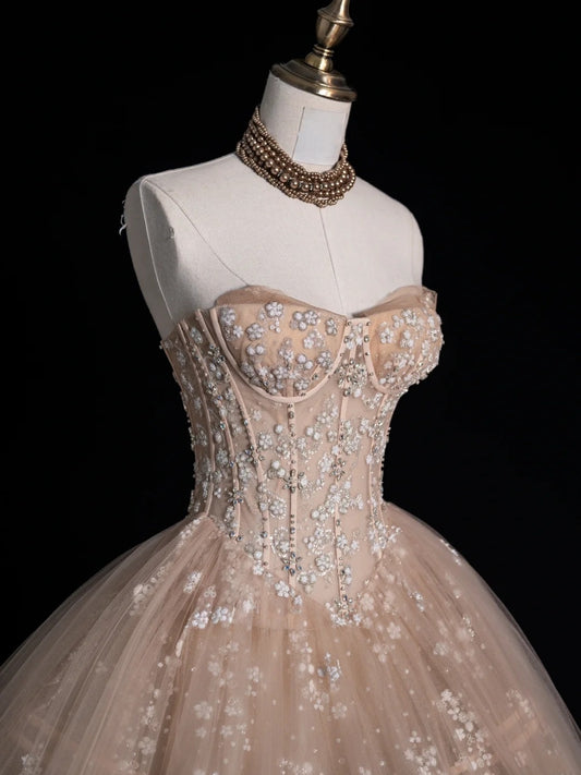 Ball Gown Strapless Champagne Sleeveless With Applique Tulle Long Quinceanera Dresses Sweet 15 16 Birthday Outfits N1076
