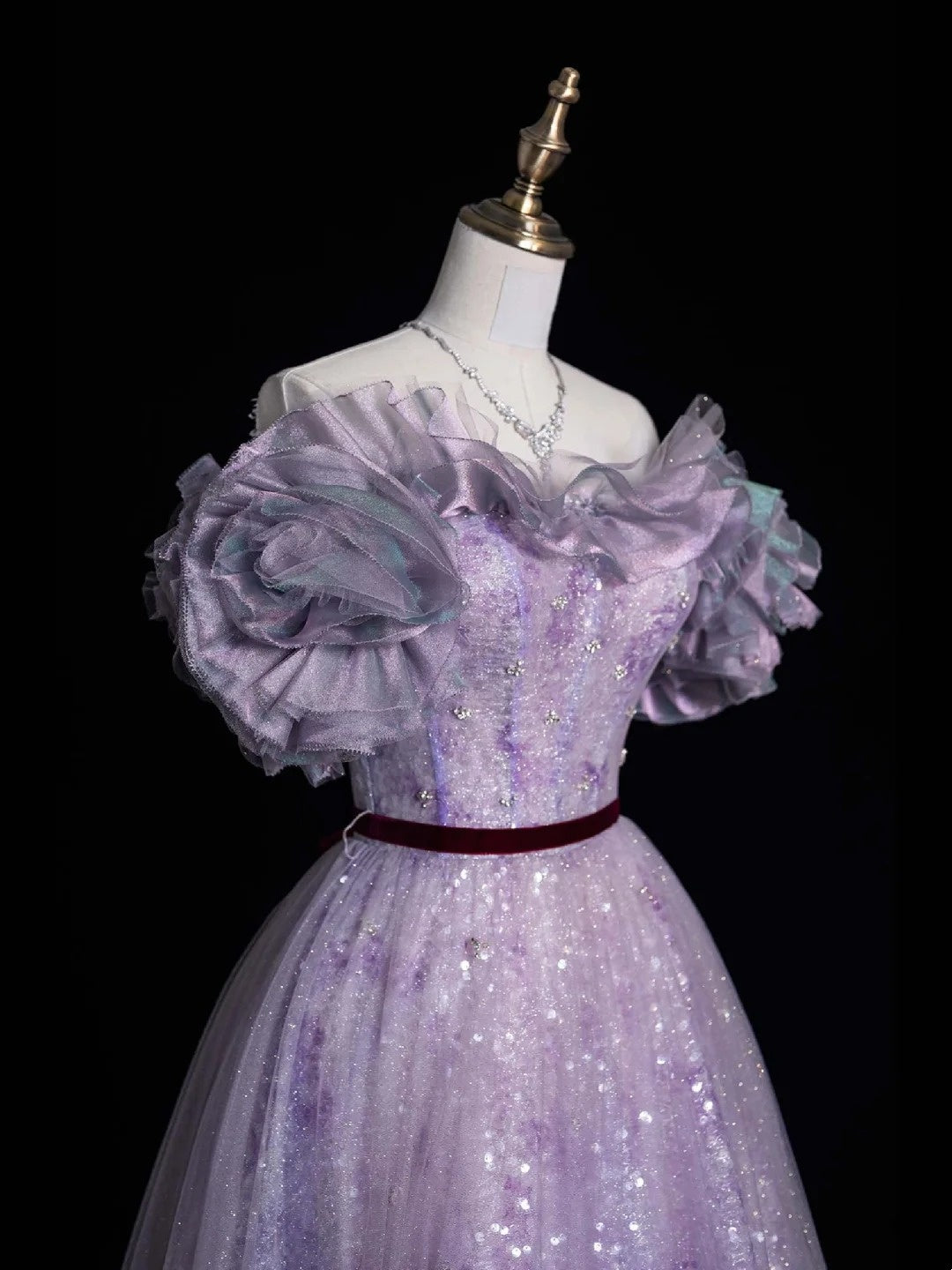Robe de bal élégante à épaules dénudées, en tulle lilas à sequins, longue robe de soirée pour adolescentes, N1089