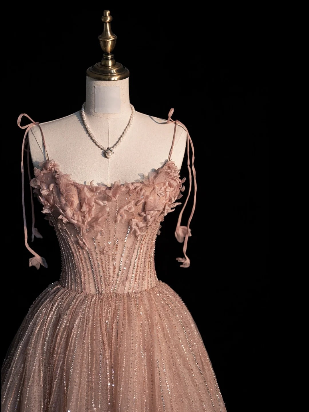 Robe de bal longue rose en tulle à fines bretelles - Inspiration robes de soirée - Robe de cérémonie N1221