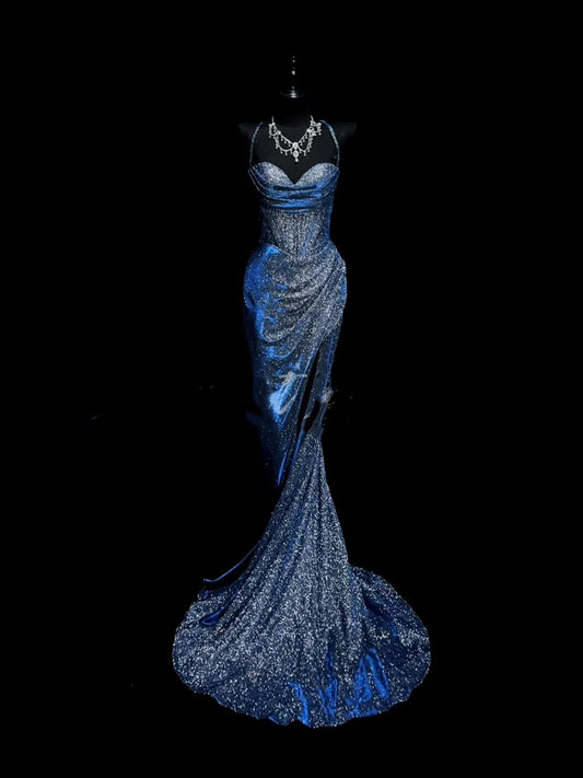 Elegant Mermaid Spaghetti Straps Navy Blue Slit Sequins Long Prom Dresses Formal Party Gowns Vestidos De Dia AB615