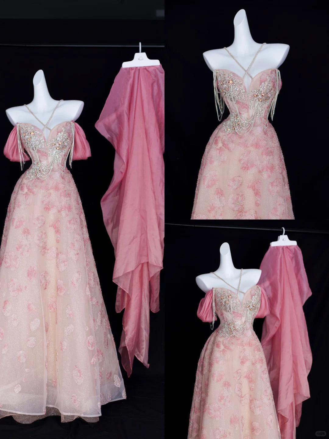 Robe de soirée longue trapèze rose à sequins et perles N2826