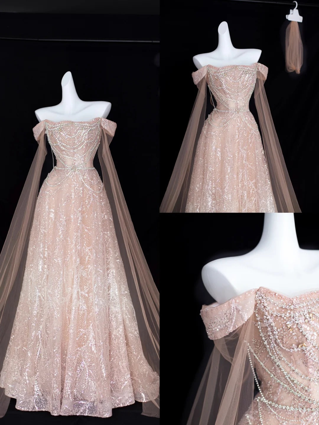 Élégante robe de soirée rose poudré coupe trapèze à épaules dénudées avec manches courtes et sequins pour anniversaire ou bal de promo N2828