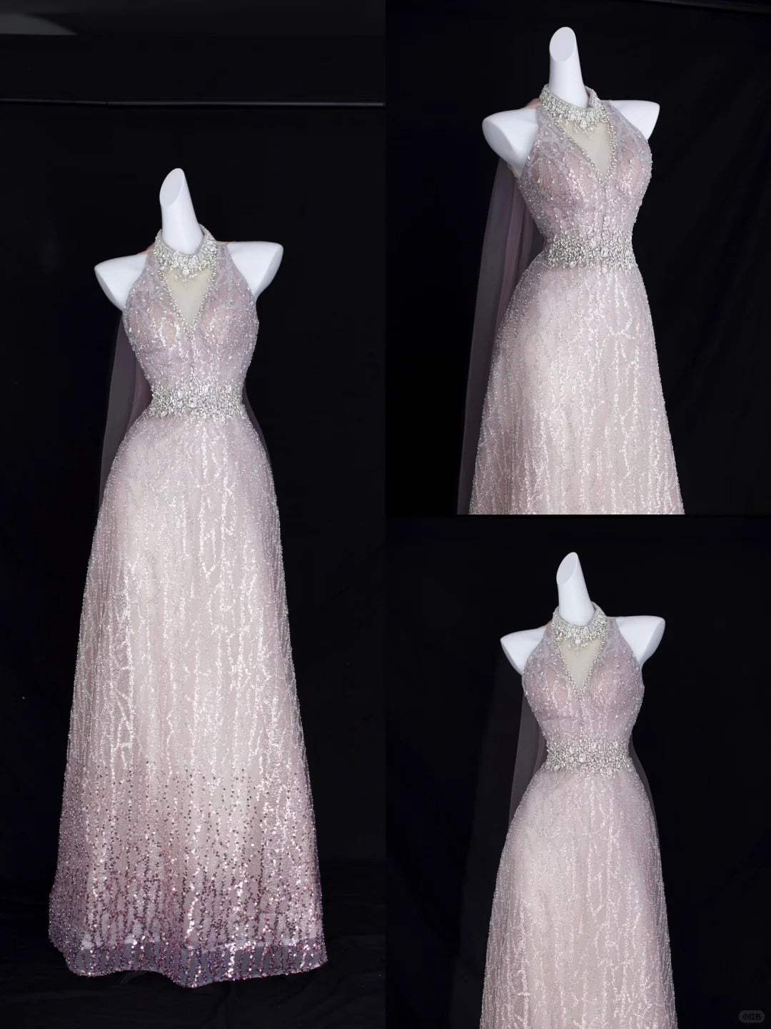 Robe de soirée élégante trapèze dos nu rose fard à joues avec perles et sequins pour anniversaire et bal de promo N2829