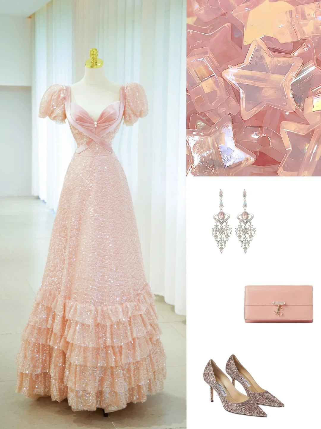 Robe de bal bustier manches courtes rose pailletée longue robe de soirée, robe de bal d'anniversaire N2855