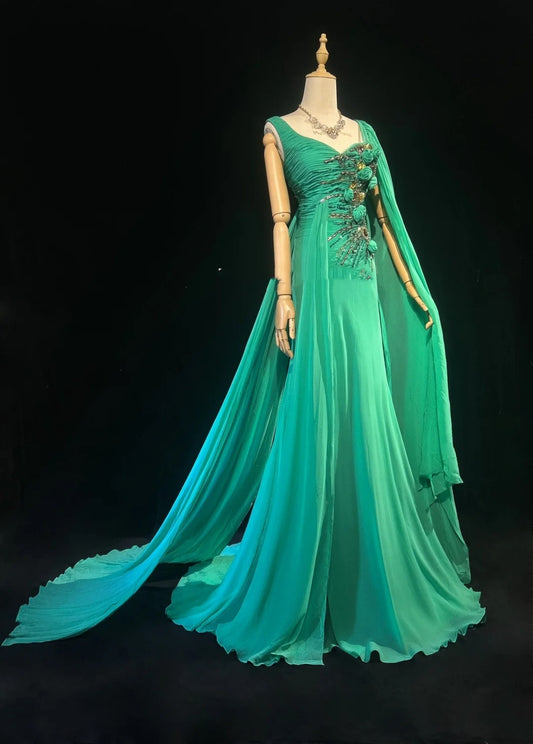 Elegantes Meerjungfrauen-Abendkleid mit One-Shoulder, grünem Chiffon und silbernem Perlenoberteil, langes Ballkleid N2726