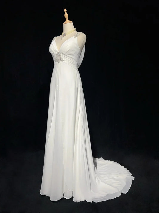 Bescheidene Brautkleider A-Linie V-Ausschnitt Chiffon Strand Sommer mit Perlen Lange Brautkleid N2999