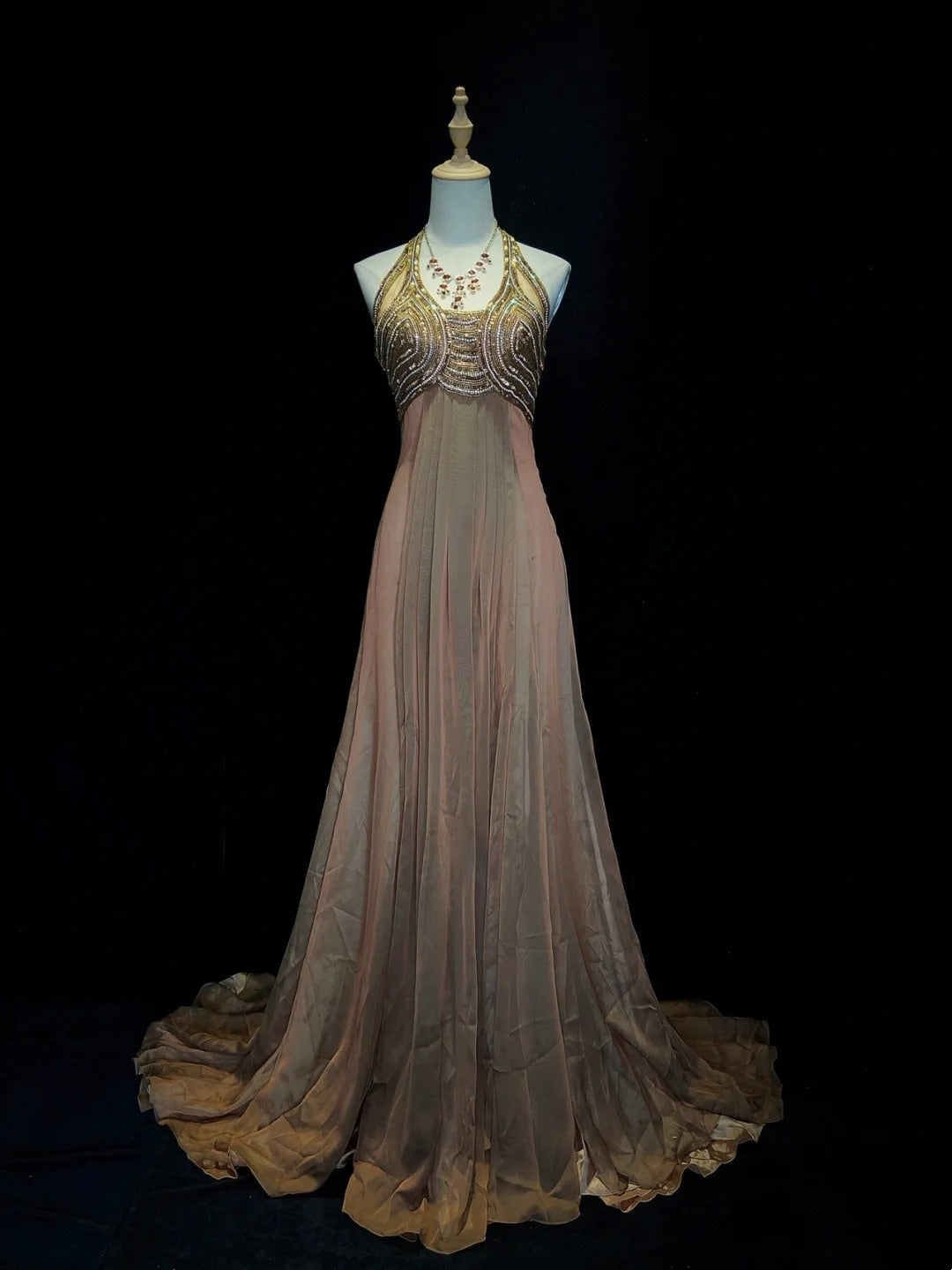 Vintage Prom Dresses 80s A line Halter Brown Chiffon With Beading Semi