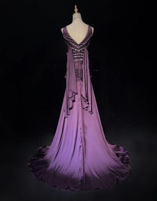 Vintage Abschlussballkleider Meerjungfrau V-Ausschnitt Lila Chiffon 80er Jahre Mit Perlen Lang Formelle Abendgarderobe N3896