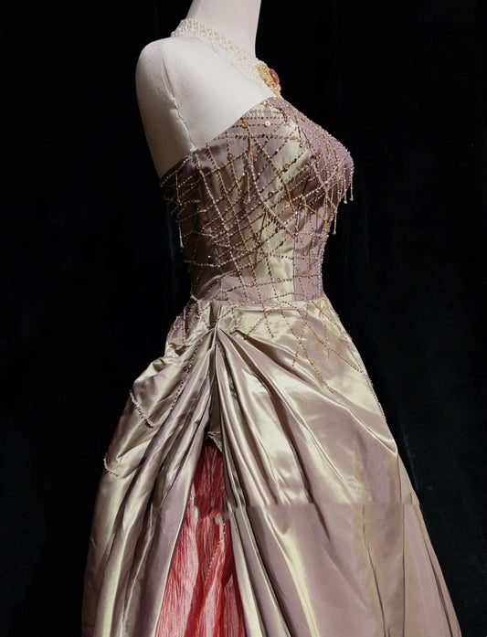 Vintage Prom Dresses Ballkleid Trägerlos Rouge-Rosa Satin 80er Jahre Mit Perlenstickerei Lange Formelle Abendgarderobe N3870