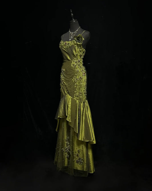 Vintage Meerjungfrau 2000er Spaghettiträger Olivgrün Satin Festliches Kleid Lange Ballkleider N2575