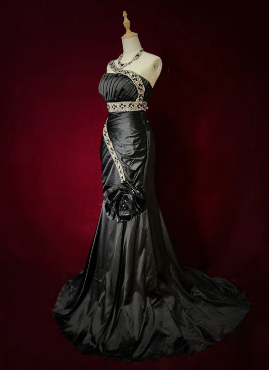 Vintage Ballkleider Meerjungfrau One Shoulder Black Tie Satin 80er mit Perlenstickerei Lange Formelle Abendgarderobe N3905