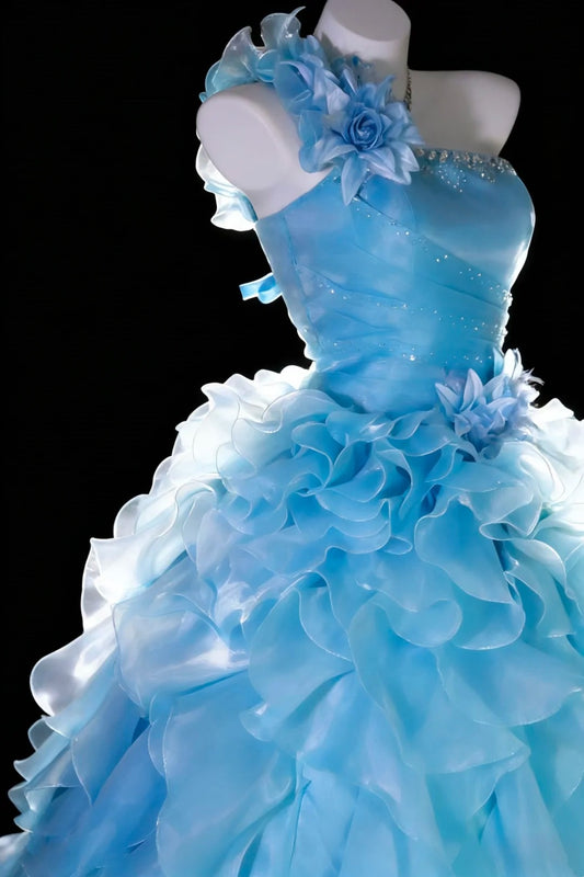 Märchenhafter Ballkleid, schulterfrei, eisblau, gestufte Lagen, Organza, Quince Prom Kleider, Quinceanera Kleid N2965