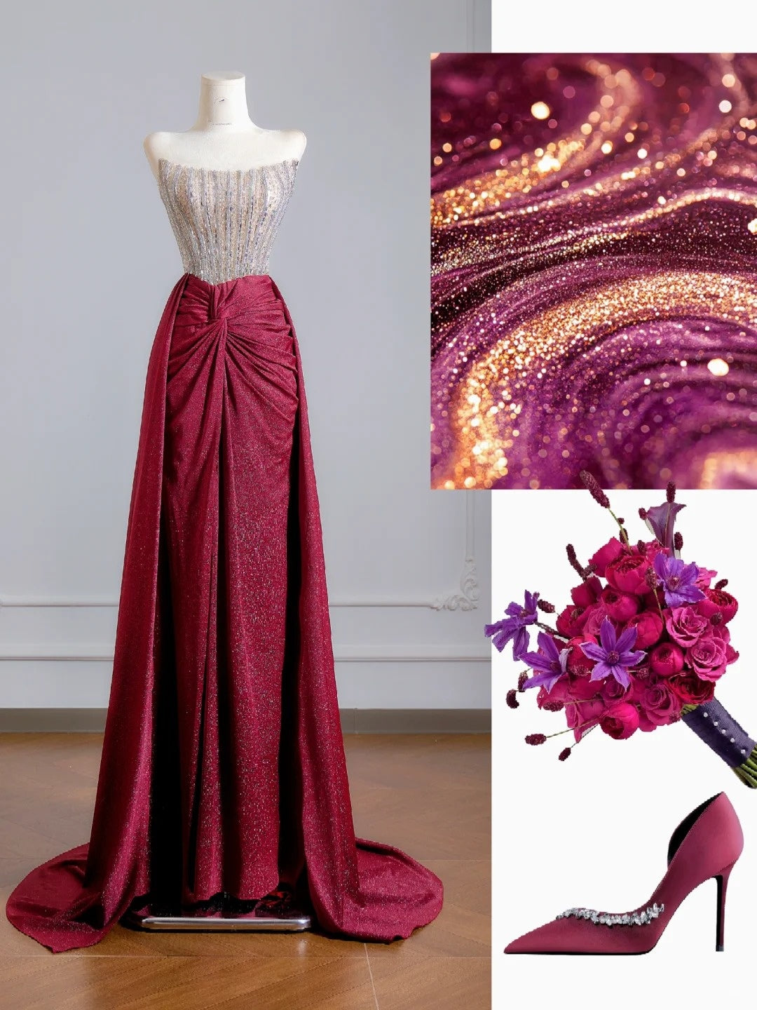 Robe de bal longue bordeaux à paillettes, sans bretelles, fourreau scintillant, idéale pour un 18e anniversaire (N343)