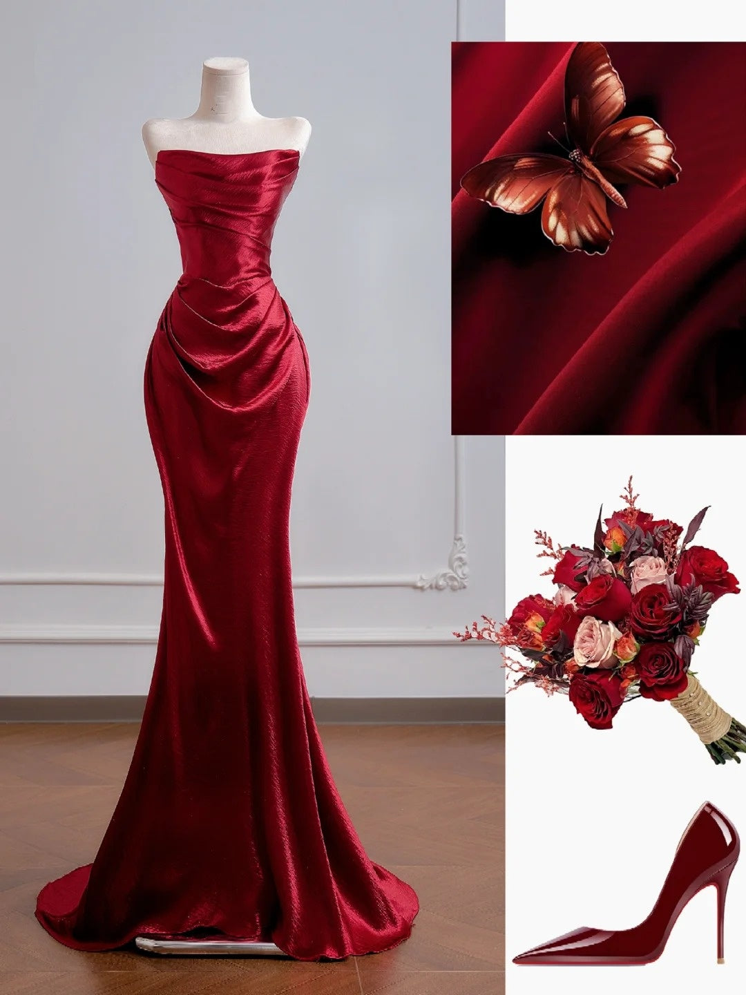 Robe de bal longue rouge satinée, bustier, style sirène romantique, idéale pour un 18e anniversaire (N392)