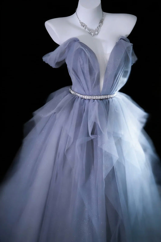Bescheidene Ballkleider für den Abschlussball, schulterfrei, staubblau, Tüll, mit Ärmeln, langes Quinceañera-Kleid N2970