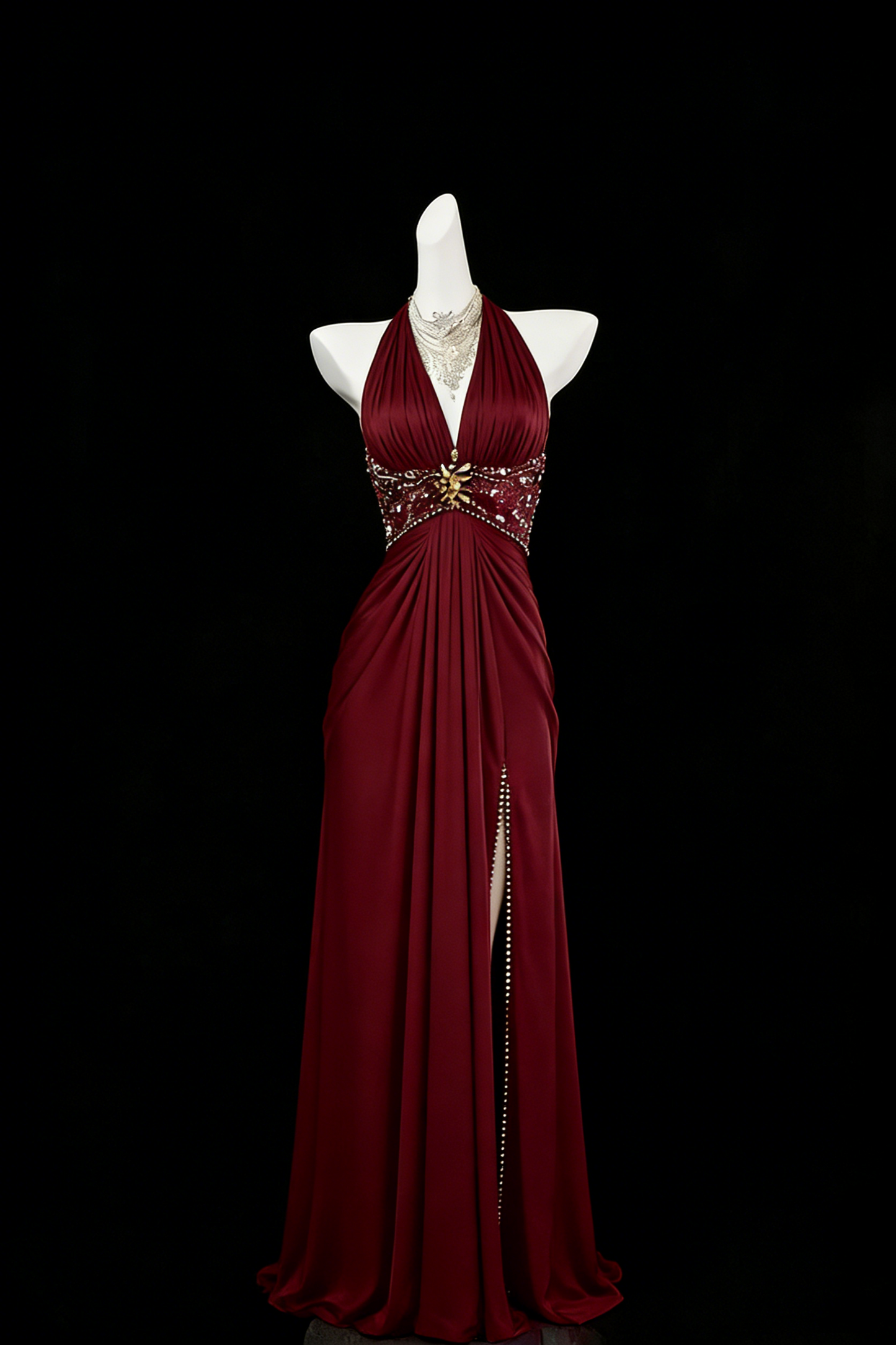 Vintage A-Linien-Kleid mit Neckholder, burgunderrot, mit Schlitz, Satin, Perlenstickerei, langes Abendkleid, halbformelles Kleid N694