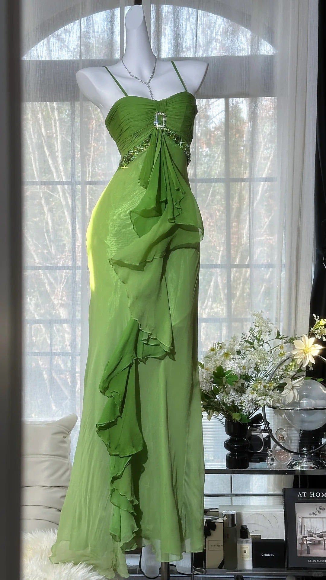 Robes de bal modestes Sirène Bretelles fines Mousseline verte Perlée Longueur ras du sol Tenues de soirée N3535