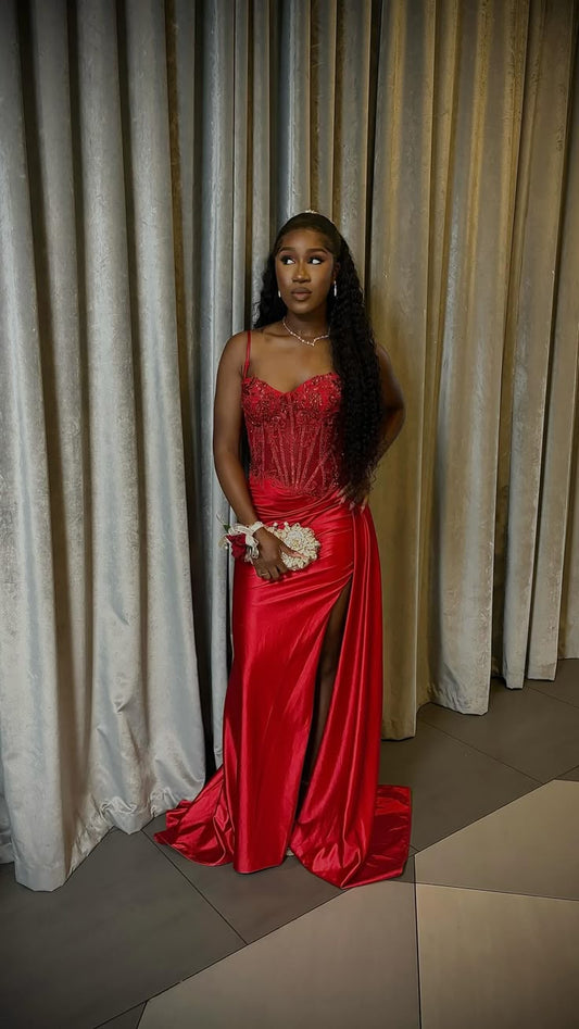 Stunning Mermaid Spaghetti Straps Red Satin Slit Prom Dresses Inspiration Unique Party Formal Graduation Dress B502