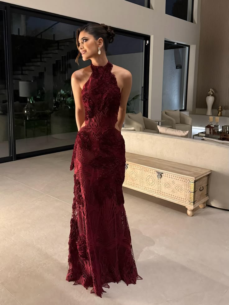 Mermaid Prom Dresses Inspiration Mermaid Halter Burgundy Lace Long Prom Dresses Formal Dress RC1477
