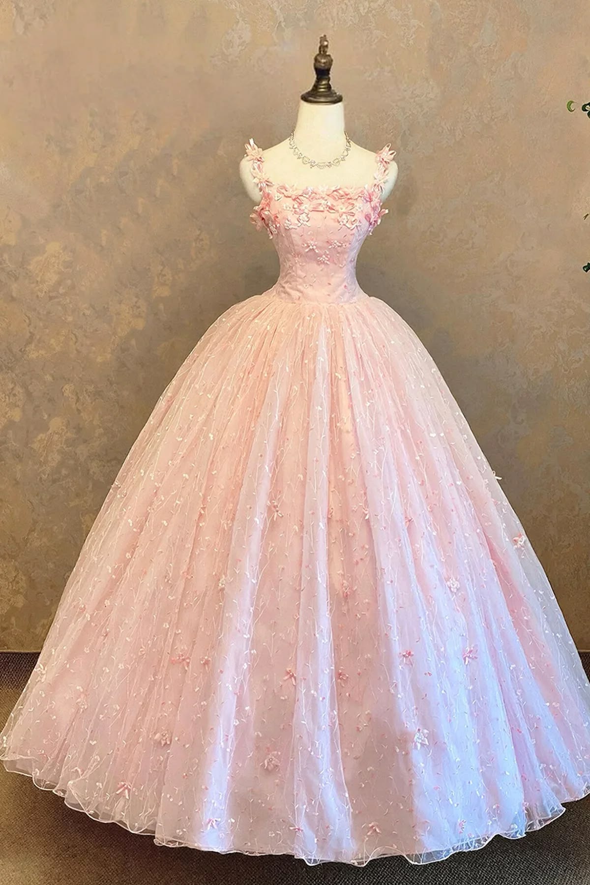 Modest Prom Dresses Ball Gown Straps Pink Tulle 3D Flowers Floor Length Long Formal Dress RC1295
