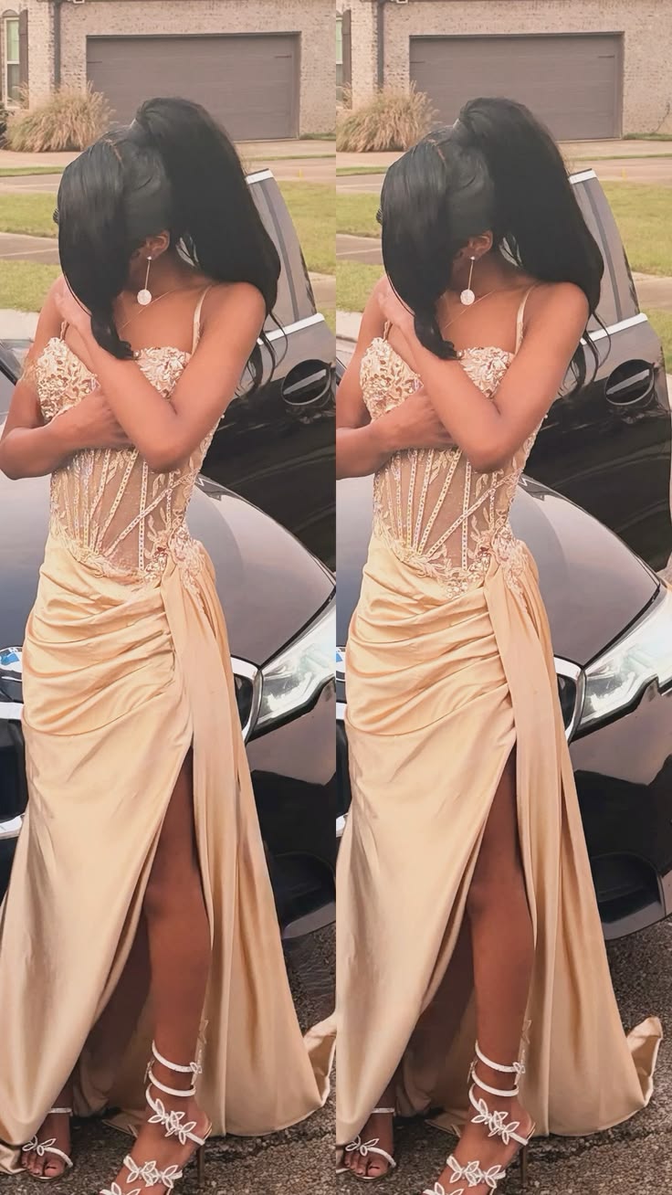 Glitzerndes Spaghettiträger Champagner Langes Partykleid Ballkleider Mit Schlitz Meerjungfrau Abendkleid Für Damen N4089