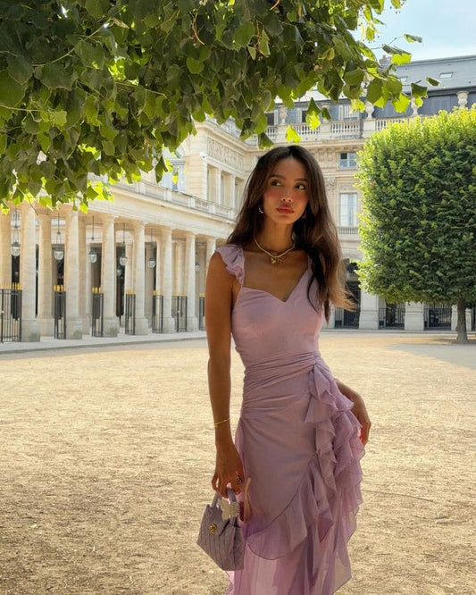 Prinzessin Meerjungfrauen-Abendkleid aus lila Chiffon mit Herzausschnitt und Lagen, AB141