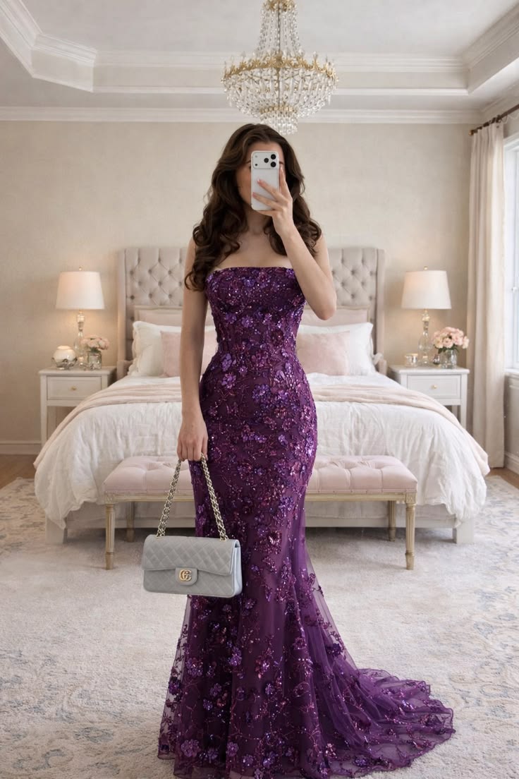 Robe sirène à sequins prune foncé - Inspiration mode soirée de luxe - Robe de bal - Tenue de soirée - N1855