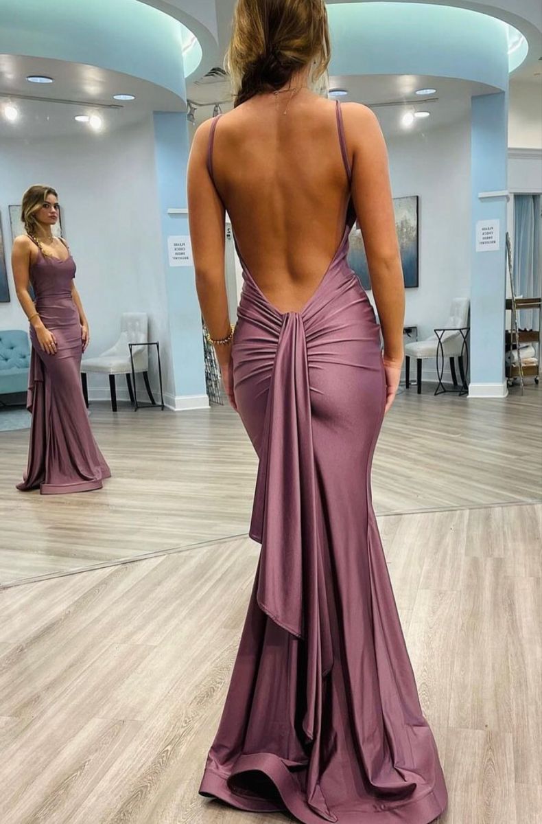 Robe de soirée sirène à fines bretelles dos nu, style modeste, idéale pour les bals de fin d'année des adolescentes (N1113)