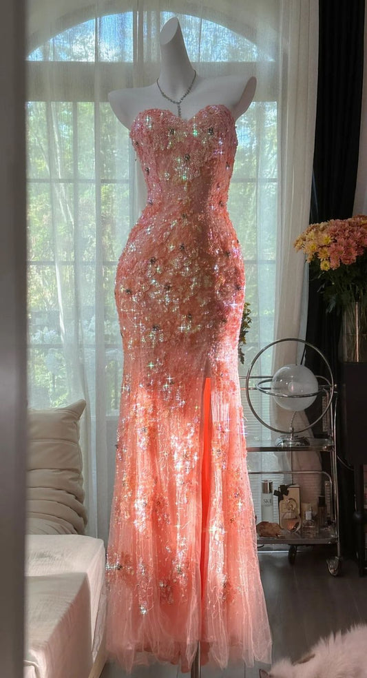 Mermaid Coral Formal Dresses Tulle Sequin Sweetheart Neck Long Prom Dresses Coral Evening Dresses AB328