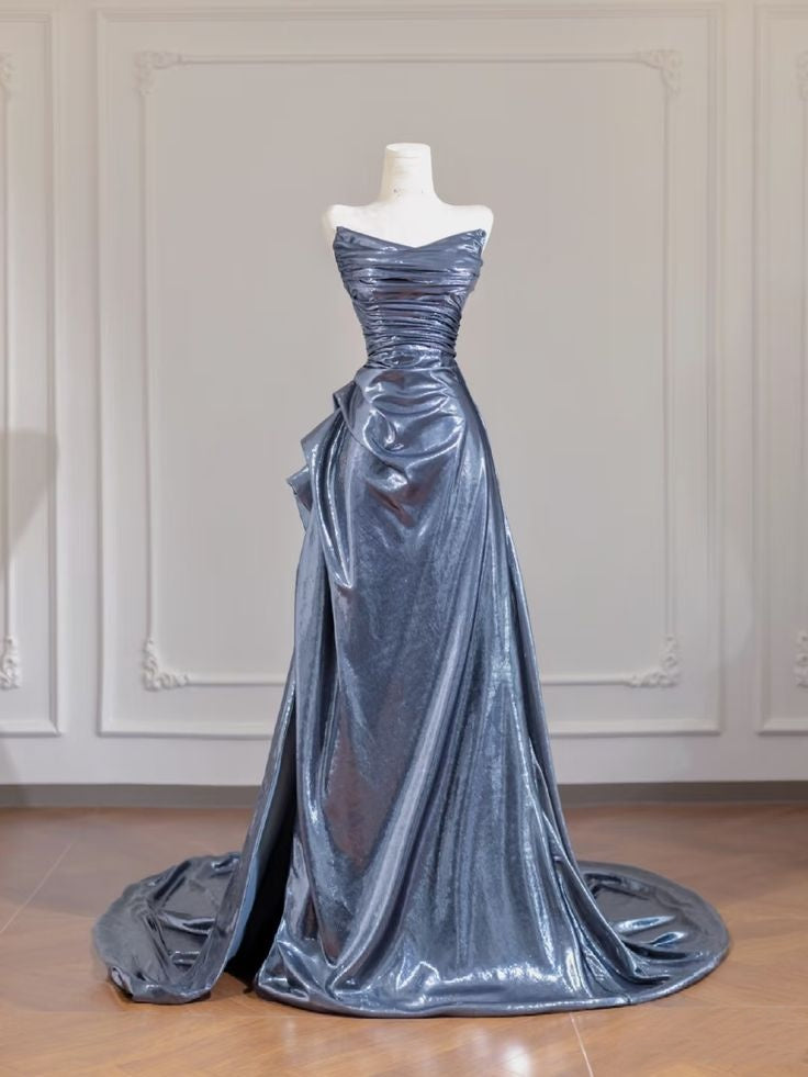 Elegante, schlichte Abschlussballkleider für Teenager: Meerjungfrauen-Ausschnitt, herzförmiges Design, langes, halbformelles Satinkleid in Grau (AB2008)
