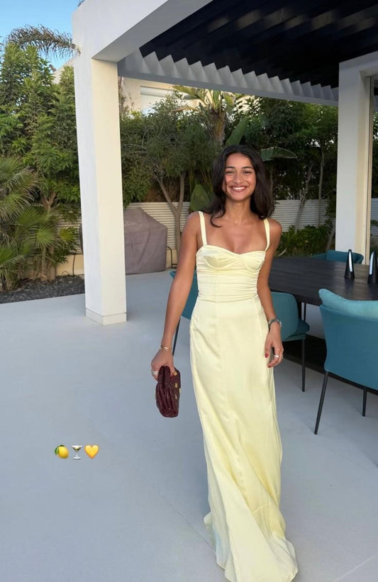 Gelbes Meerjungfrauen-Abendkleid aus gelbem Satin mit herzförmigem Ausschnitt, langes Ballkleid, Hochzeitsgastkleid N268