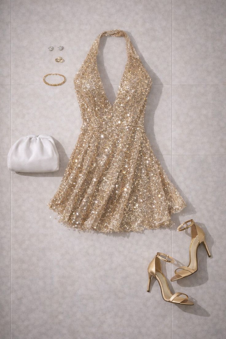 Glitzerndes A-Linien Neckholder Champagner Pailletten Mini Senior Inspo Kurze Party Outfits Formelle Heimkehrkleider RB3010