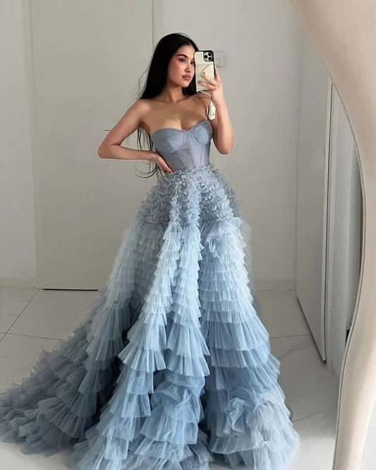 Ball Gown Sweetheart Tiered Ruffled Tulle Long Prom Dress Evening Dress Sweet 15 16 Gown AB1754