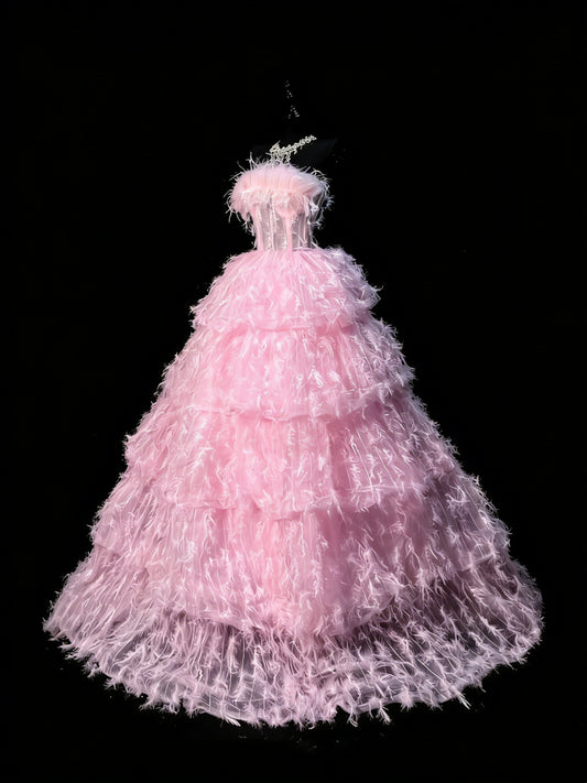 Ball Gown Strapless Tulle Pink Sleeveless With Feathers Women's Long Quinceanera Dresses Sweet 16 Quince Dress N1199