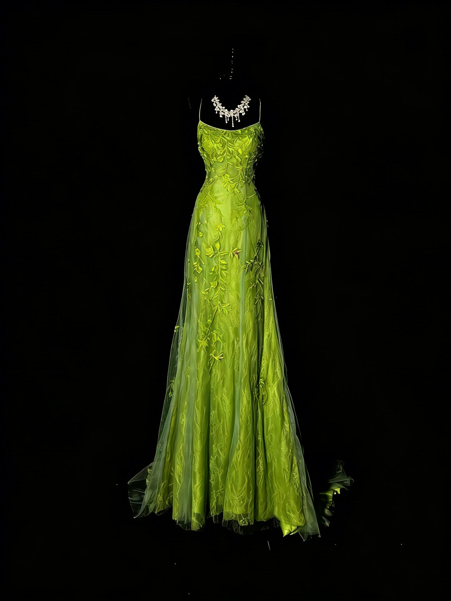 Robe de bal longue sirène à fines bretelles en tulle vert et dentelle, tenue de soirée formelle N989