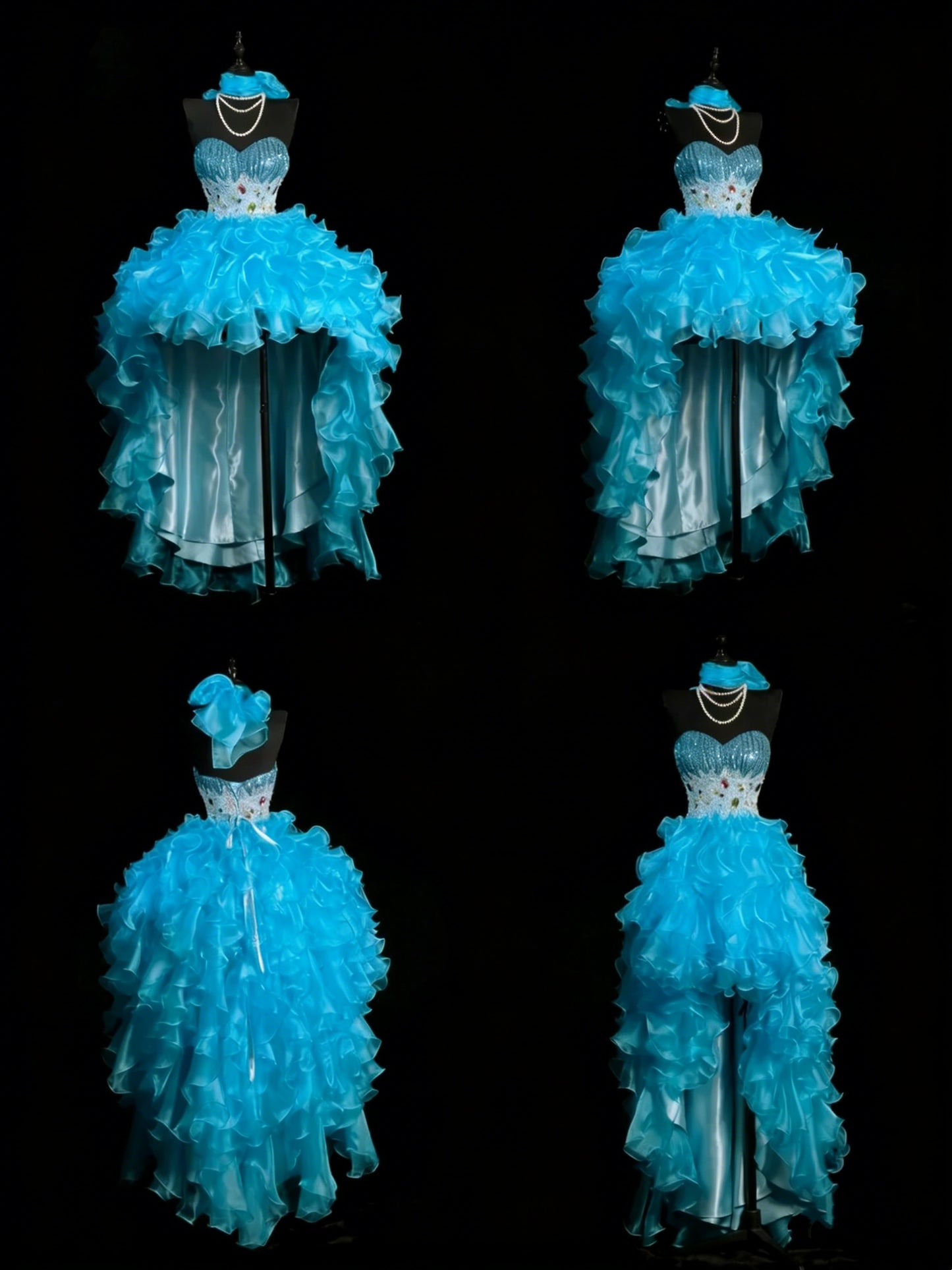 Robe de soirée élégante et discrète en organza bleu clair à volants et décolleté cœur, idéale pour les jeunes filles (N1181).