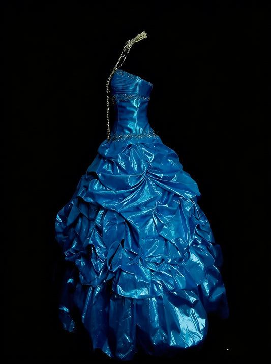 Vintage Ballkleid, trägerlos, blauer Organza mit Rüschen und Perlenbesatz, Sweet 16 Kleider, Quinceañera Kleid, lang, Vestidos De Fiesta N1455