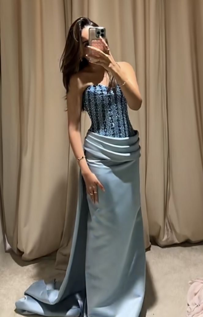 Luxuriöses blaues Abendkleid im modernen Stil, perlenbesetzt, Meerjungfrauen-Schnitt, Faltenrock für Damen AB1452