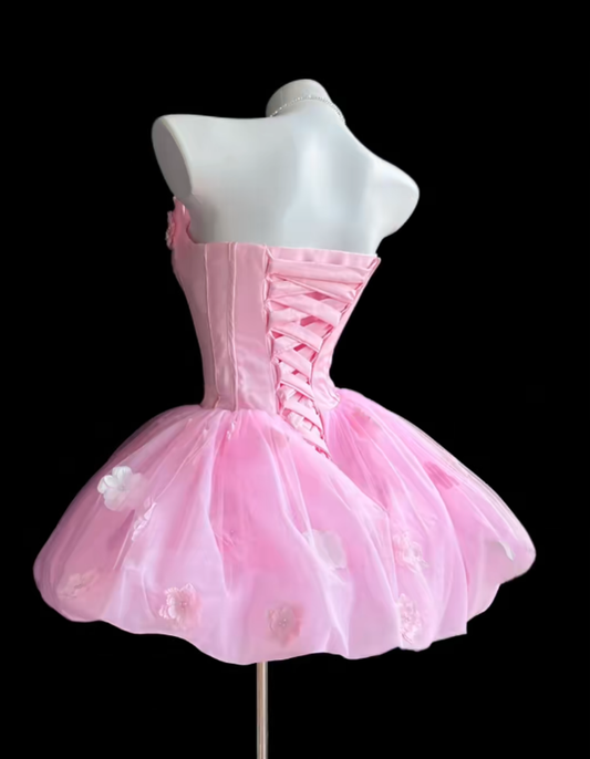 Pretty Ball Gown Strapless Pink Tulle Short Mini Party Homecoming Dresses High School Ideas Inspo 16th Birthday Outfits RB7355
