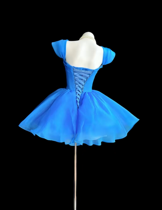 Pretty Ball Gown Square Neck Organza Royal Blue Short Mini Party Homecoming Dresses High School Ideas Inspo 17th Birthday Outfits RB7357