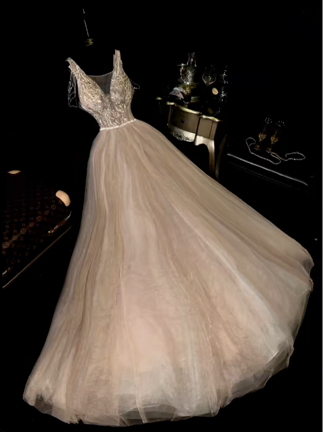 Elegant A line V Neckline Champagne Tulle With Beading Long Prom Dresses Formal Outfits Evening Night Dress RB8261